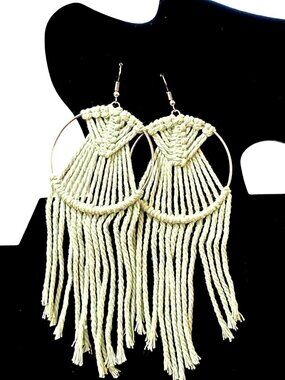Macrame Hoop Earrings With Fringe In Light Green Handmade Boho Jewelry For Women